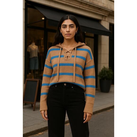 Everlane Lace Up Smock Sweater Knit Chestnut Brown Blue Striped Wool NWT - Picture 1 of 8